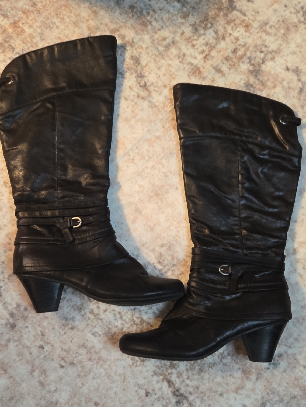 BareTraps Black Mid-Calf Heeled Buckle Boots